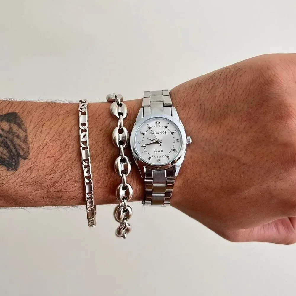 silver classy y2k sporty round stainless steel quartz luxury watch